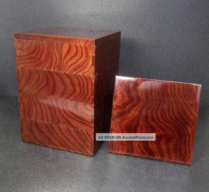 F982: Japanese Old Lacquer Ware Tiered Food Boxes Jubako With Fine Wood Grain Boxes photo