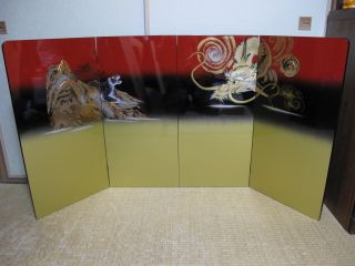 Samurai Japan Vintage Byobu Gold Leaf Maki - E Tiger & Dragon Folding Screen 1358 photo