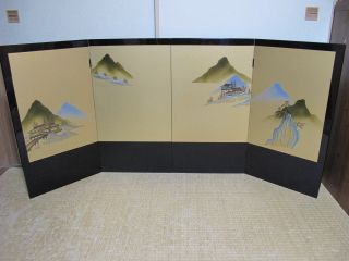 Samurai Japan Vintage Byobu Gold Leaf Maki - E Kinkaku Sansui Folding Screen 1307 photo