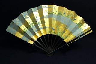 D370 Jc Japanese Antiques Hand Painted Folding/dancer ' S Fan Flowers Gold photo