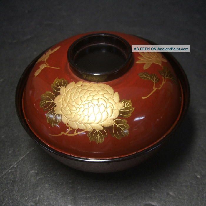 F875: Japanese Old Lacquer Ware Covered Bowl With Fantastic Refined Makie 16 Bowls photo