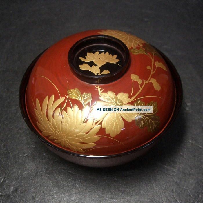 F876: Japanese Old Lacquer Ware Covered Bowl With Fantastic Refined Makie 17 Bowls photo