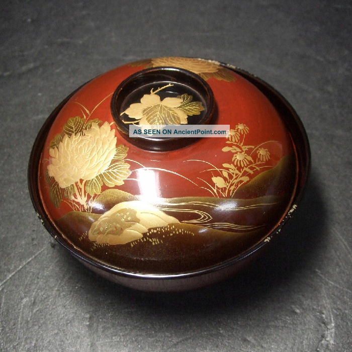 F879: Japanese Old Lacquer Ware Covered Bowl With Fantastic Refined Makie Last Bowls photo