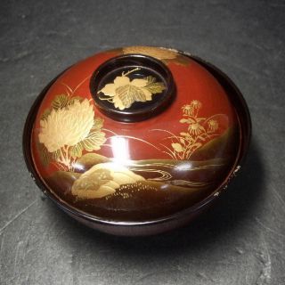 F879: Japanese Old Lacquer Ware Covered Bowl With Fantastic Refined Makie Last photo