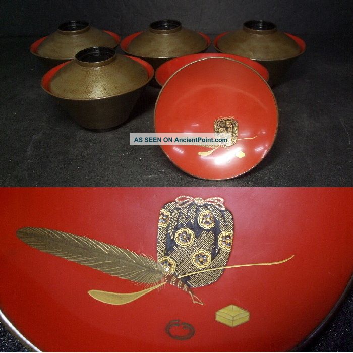 F880: Five Set Japanese Old Lacquer Ware Covered Bowl Great Tea - Things Makie Bowls photo