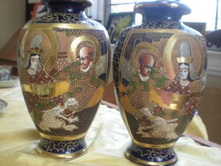 Pair Of Japanese Satsuma Pottery Cobalt Blue Vases Signed Vintage Or Antique photo