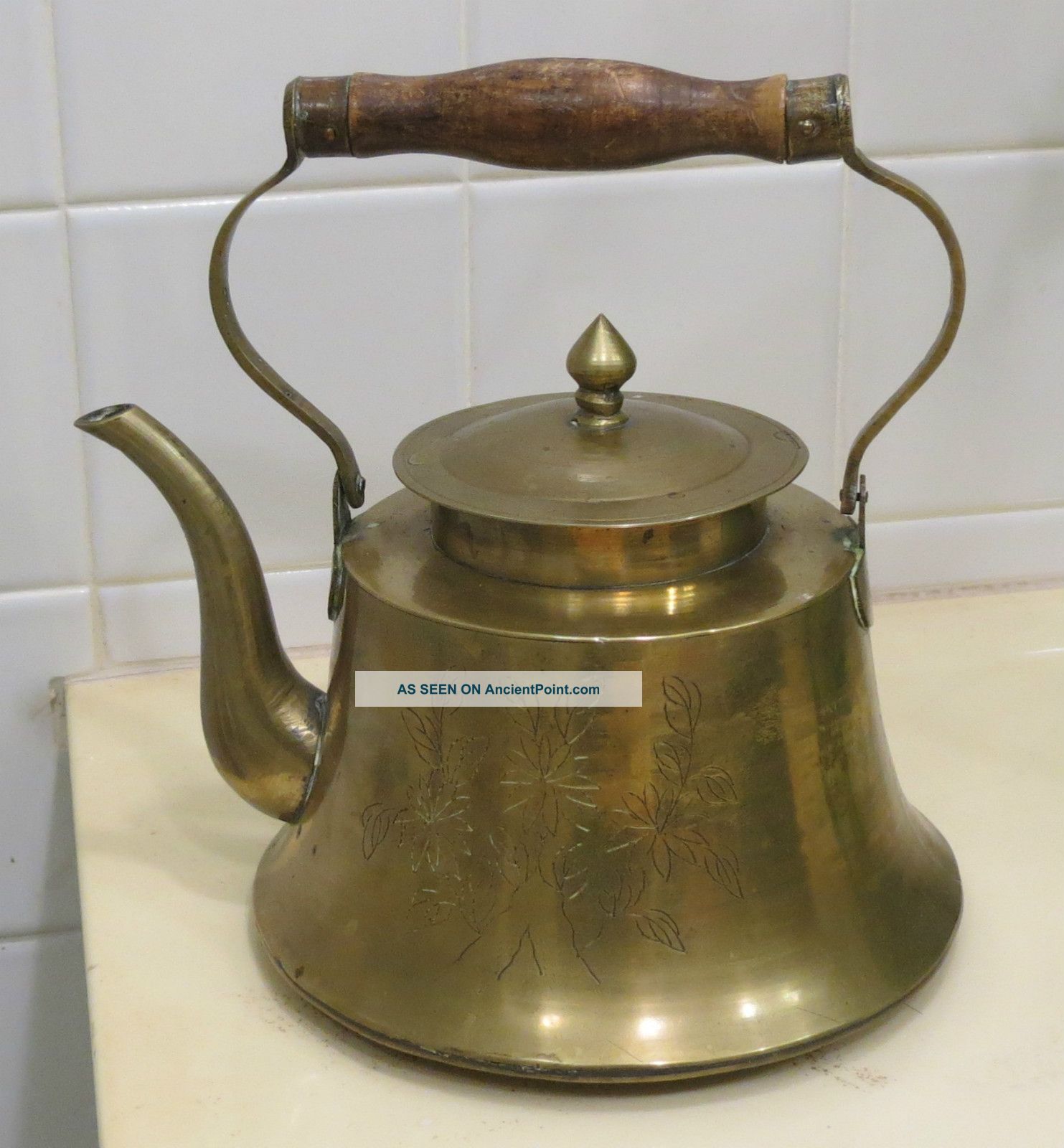 Antique Chinese Brass Teapot W/flowers Etched On The Sides Teapots photo