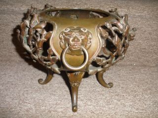 Antique Chinese Openwork Bronze Vessel With Dragon Handles And Birds Decoration photo