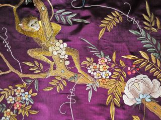 Rare Antique Chinese Silk Embroidered Panel Figures Monkeys Exotic Birds Flowers photo