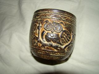 Antique Japanese Art Pottery Mid Century Small Vase With Owl Motif Excellent photo