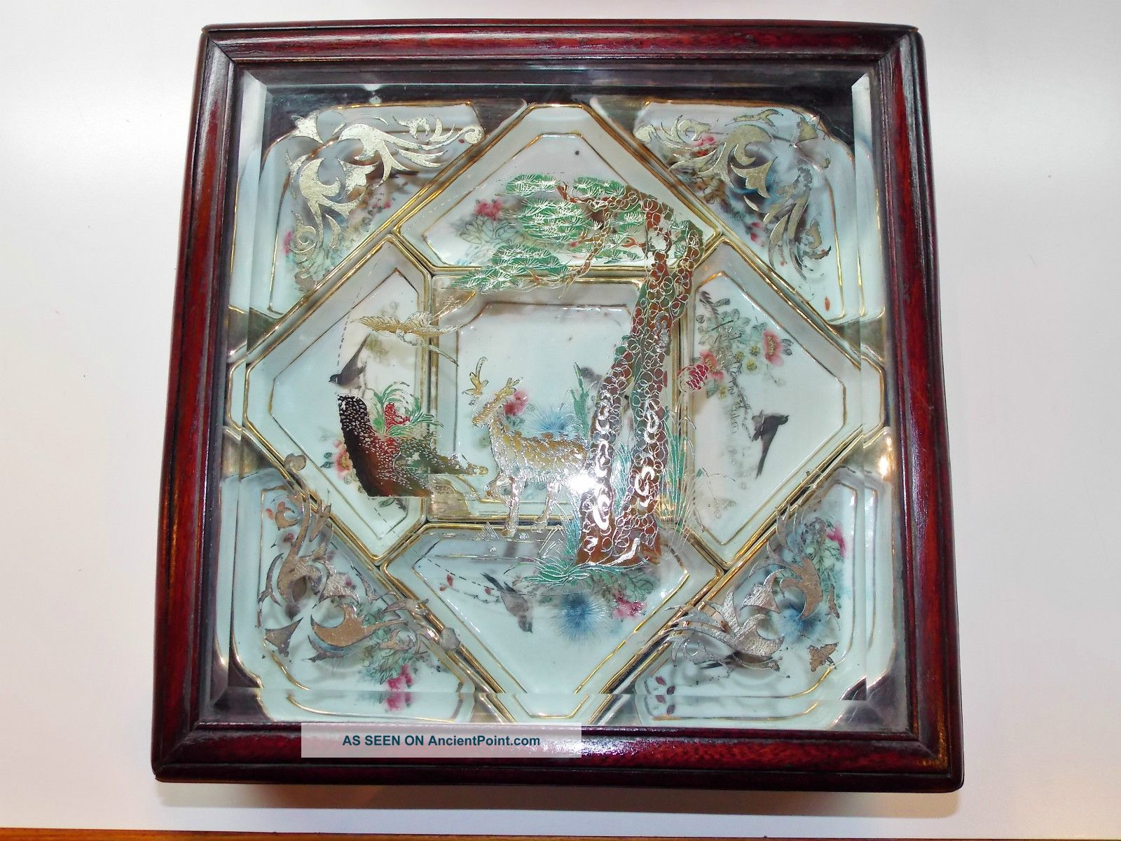 Antique Oriental Wood /glass Painted Box W/ Painted Glassware Inside Boxes photo
