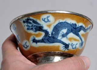 2st.  18 - 19thc Chinese Imperial Dragon Porcelain Bowls W Silver Rims 1 Signed photo