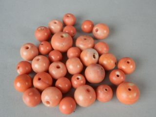Chinese Rare Coral 32 Loose Beads Japanese Juzu Various Sizes Sango Shanfu Nr photo