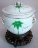 Chinese Famille Rose Jar On Carved Wood Stand W/ Palm Trees & Marks (5.  5 