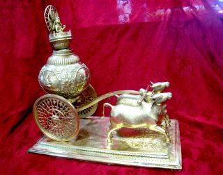 19th Century Indian Gods Brass Bullock Carriage Chariot Cart Handicraft photo