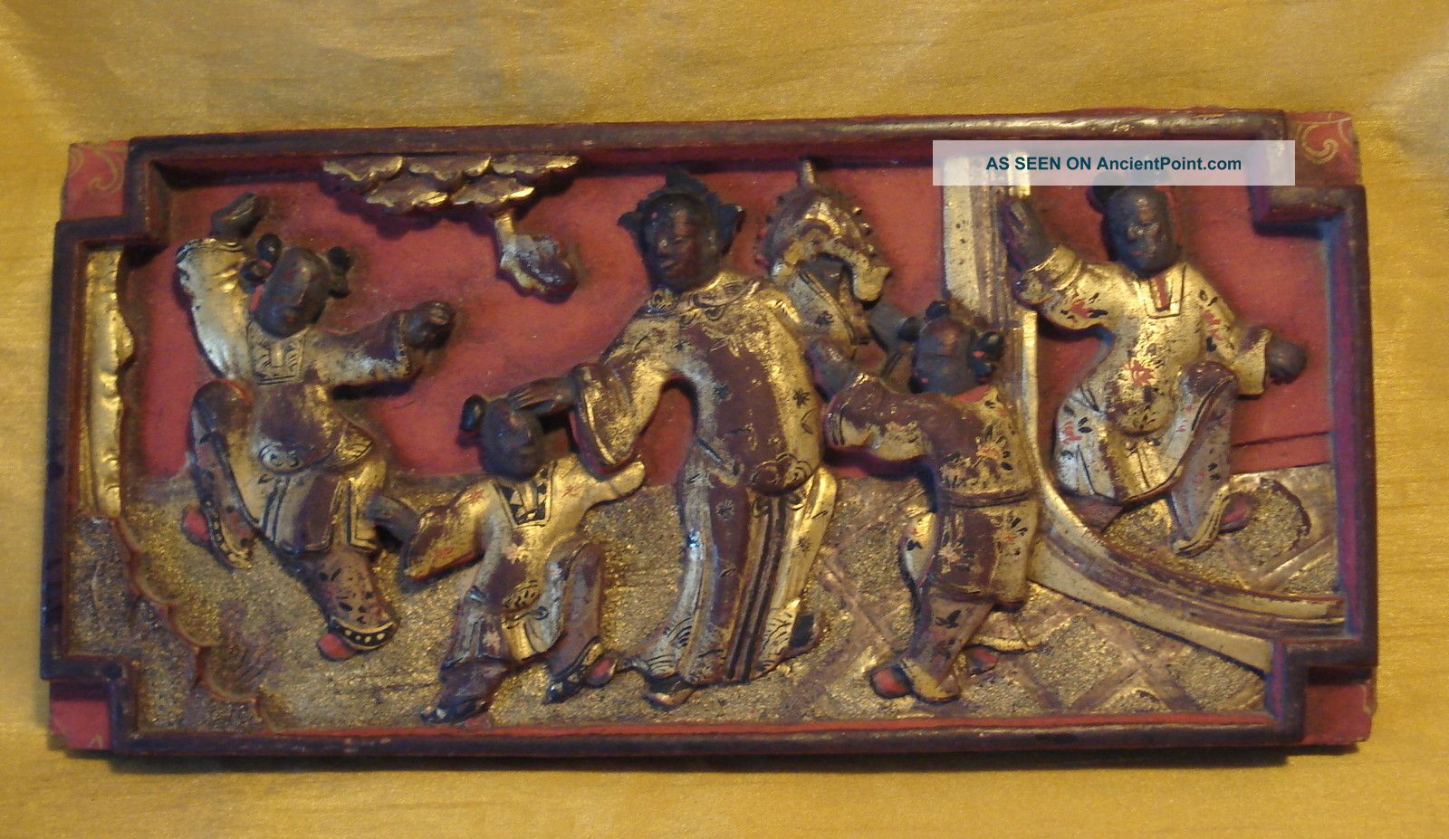 Antique Chinese Hand Carved Wood Panel: Joyful People Anointing Child W Crown Other photo