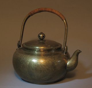 Fine Brass Antique Japanese Teapot Yakan Tetsubin Lily Bamboo Chrysathemums photo