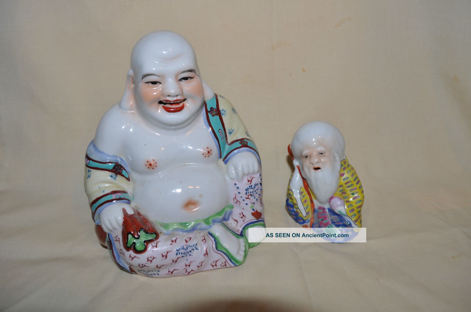 Vintage Antique Chinese Porcelain Famille Rose Laughing Buddha & Wise Old Man Buddha photo