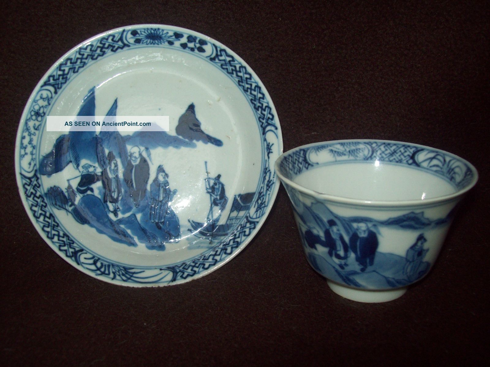 Chinese Blue White Figural Porcelain Cup & Saucer Kangxi Mark Saucer Plate Vase Porcelain photo