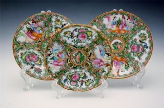 Set Of 3 Antique 19c Chinese Export Porcelain Rose Medallion Dessert Plates Nr photo