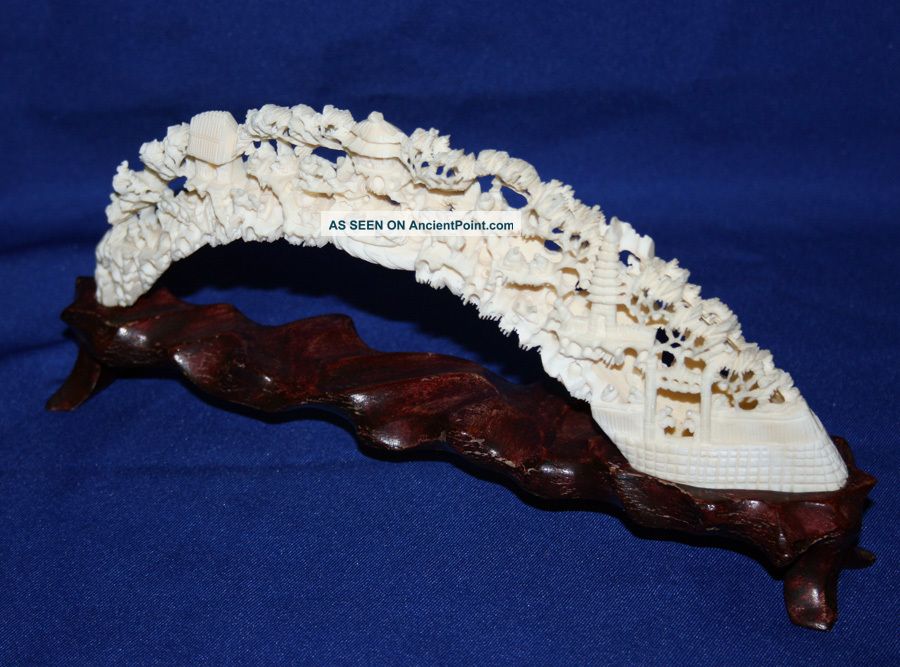 Chinese Hand Carved Two - Sided Ox Bone Village Scene Other photo