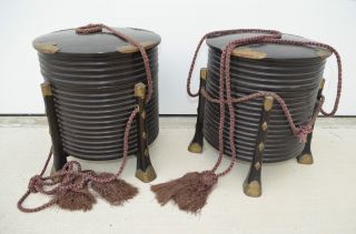 Antique Japanese Lacquer Boxes With Ropes,  Large,  Edo Daimyo Mingei Samurai photo