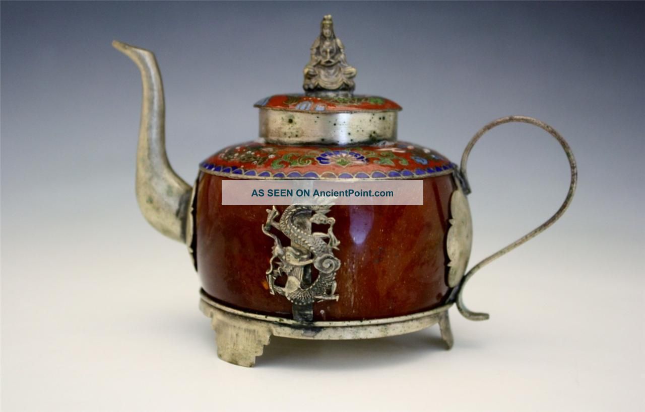 Unique Antique Chinese Paktong Metal Carnelian Stone & Cloisonne Signed Teapot Teapots photo