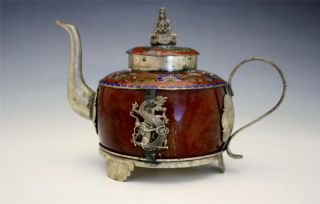Unique Antique Chinese Paktong Metal Carnelian Stone & Cloisonne Signed Teapot photo