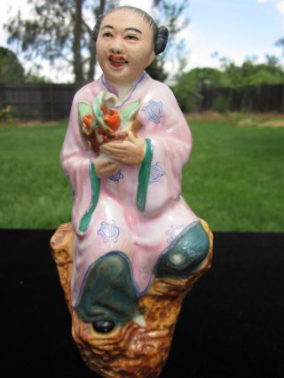 Antique Chinese Lady Holding Basket Statue Figurine Marked & Stamped China photo