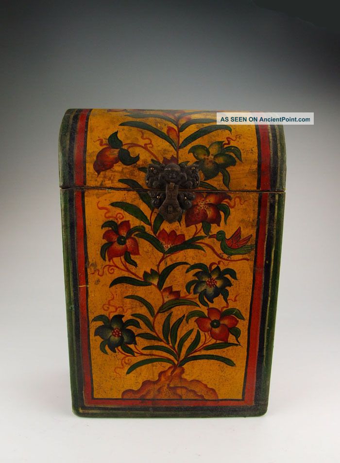 One Tibetan Wooden Casket Painted With Traditional Tibetan Motif Vases photo