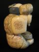 Antique Japanese Polychrome Ox Bone Netsuke Man W.  Tools Signed Amazing Details Netsuke photo 4