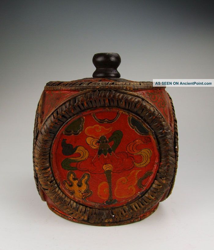 One Tibetan Wooden Casket Painted With Traditional Tibetan Motif Vases photo