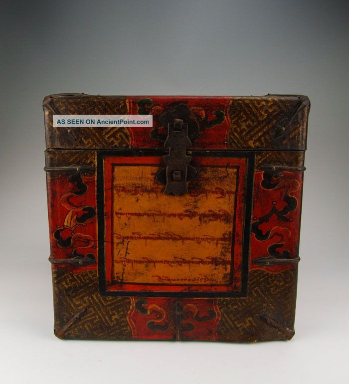 One Tibetan Wooden Casket Painted With Traditional Tibetan Motif Vases photo