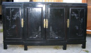 1800 ' S Black Lacquer Cabinet With Carved Doors photo