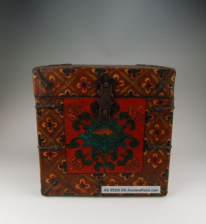 One Tibetan Wooden Casket Painted With Traditional Tibetan Motif Vases photo