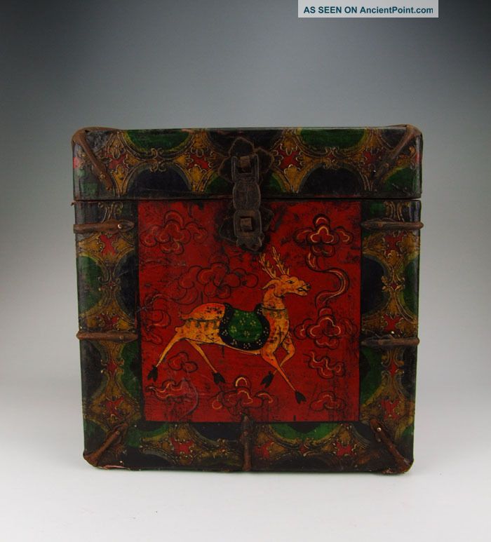 One Tibetan Wooden Casket Painted With Traditional Tibetan Motif Vases photo