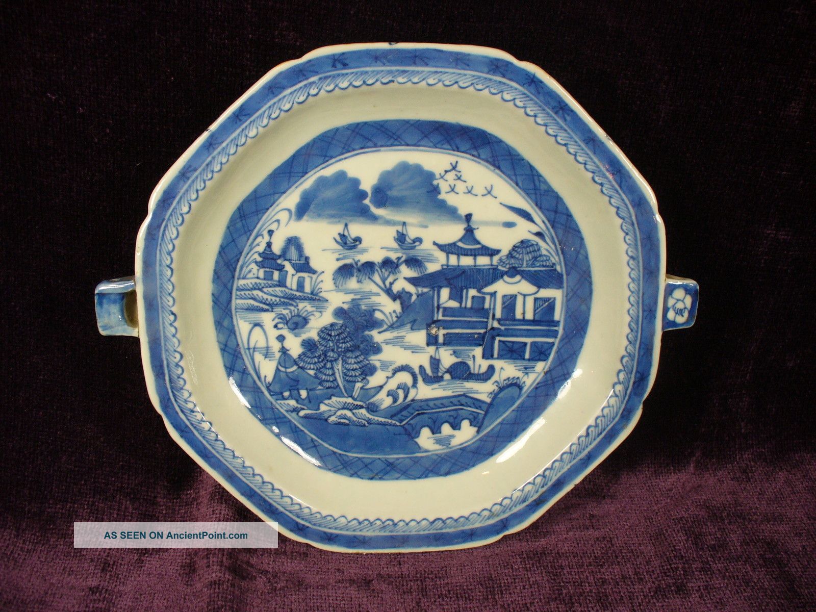 Antique 19c Chinese Export Blue Canton Porcelain Warm Dish Excellent Plates photo