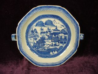 Antique 19c Chinese Export Blue Canton Porcelain Warm Dish Excellent photo