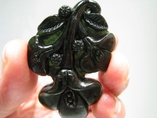 Dark Green Jade Carving Of Albizia Julibrissin Pendant Nr photo