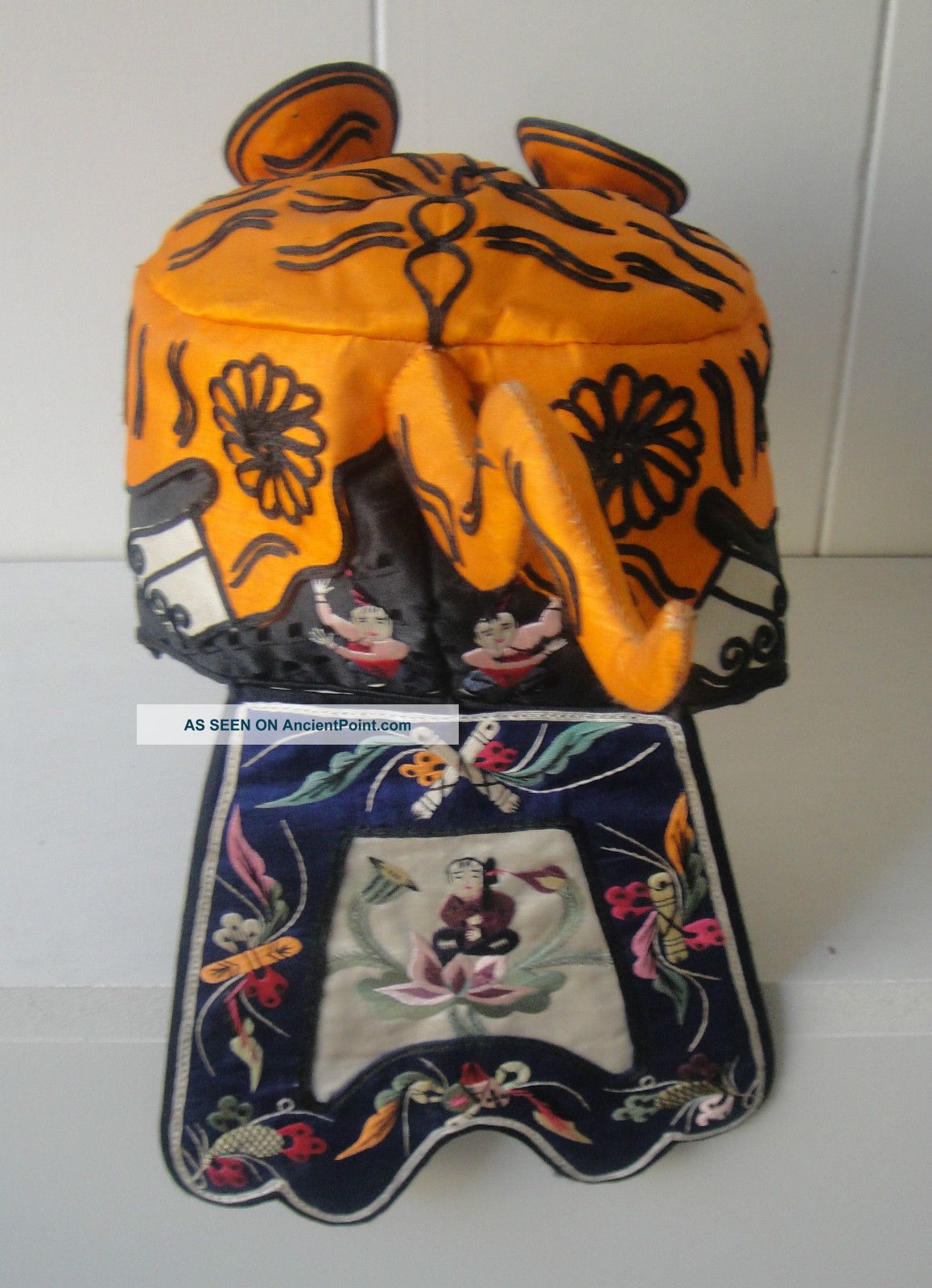 Antique Chinese Hat Silk Orange Tiger With Mouse In Ear Cricket Robes & Textiles photo