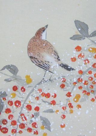 F956: Japanese Hanging Scroll Bird With Snow Covered Nandina For Winter. photo