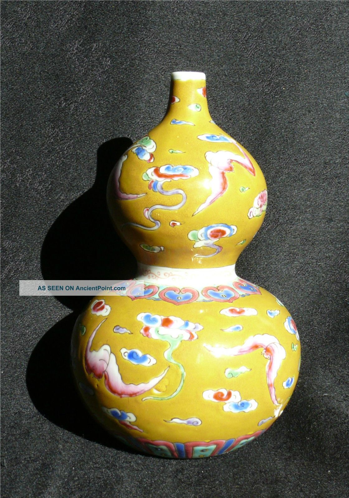 Antique Chinese Double - Gourd Vase Enamel Bats Design On Mustard Field Signed Vases photo
