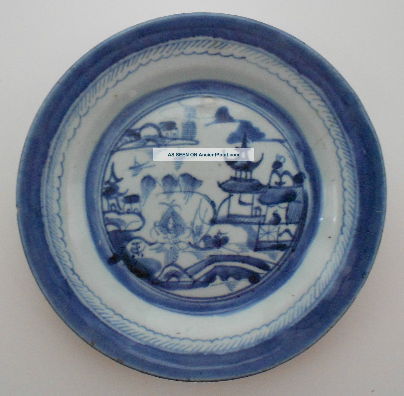 Antique Blue & White Chinese Export Cloud Rain Canton Soup Bowl (damaged) Nr Plates photo