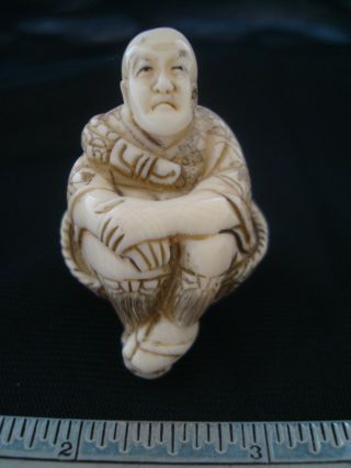 Antique Oriental Japanese Chinese Faux Ivory Oxbone Netsuke Signed Carved Figure photo