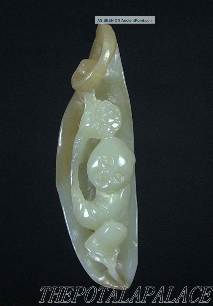 Old Chinese Nephrite Celadon Jade Toggle/statue 19thc Fairy Boy W/ Ruyi Men, Women & Children photo