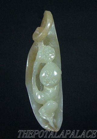 Old Chinese Nephrite Celadon Jade Toggle/statue 19thc Fairy Boy W/ Ruyi photo