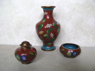 Vintage Early 1900 ' S Chinese Cloisonne Vase W/ Salt Celler & Pepper Shaker Set photo