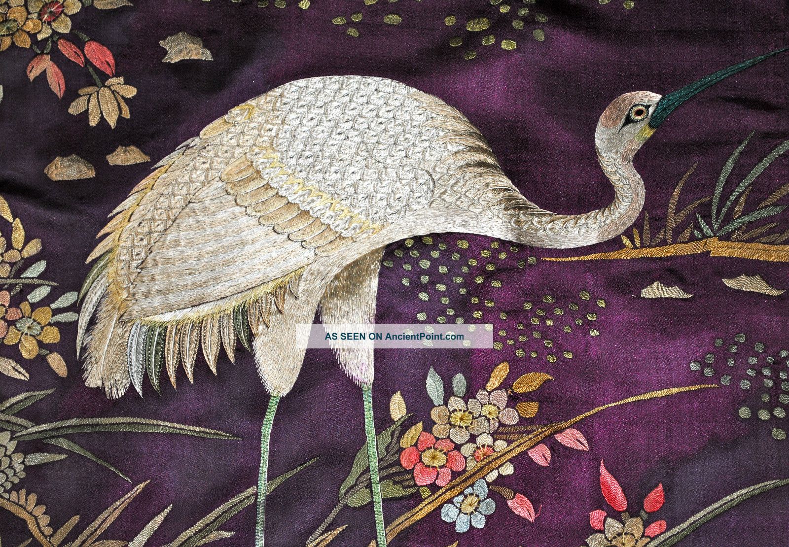Rare Antique Chinese Silk Embroidered Panel Figures Crane Birds Flowers Robes & Textiles photo