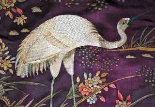 Rare Antique Chinese Silk Embroidered Panel Figures Crane Birds Flowers photo