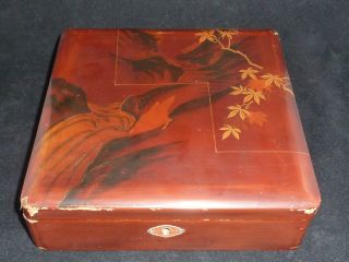 Stunning Antique Japanese Meiji Red & Gold Hand Painted Signed Lacquer Box 1900s photo